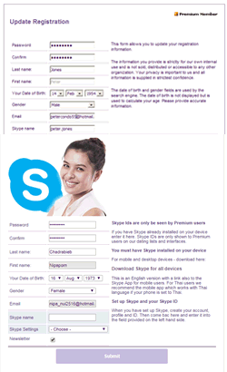 ไปที่หน้าลงทะเบียน (Registration) ใน ThaiLoveLines เพื่อใส่ Skype ID ของคุณในระบบหาคู่ของคุณ